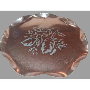 Vintage Silver Copper Scalloped Edge Serving Tray  Etched Leaf Pattern